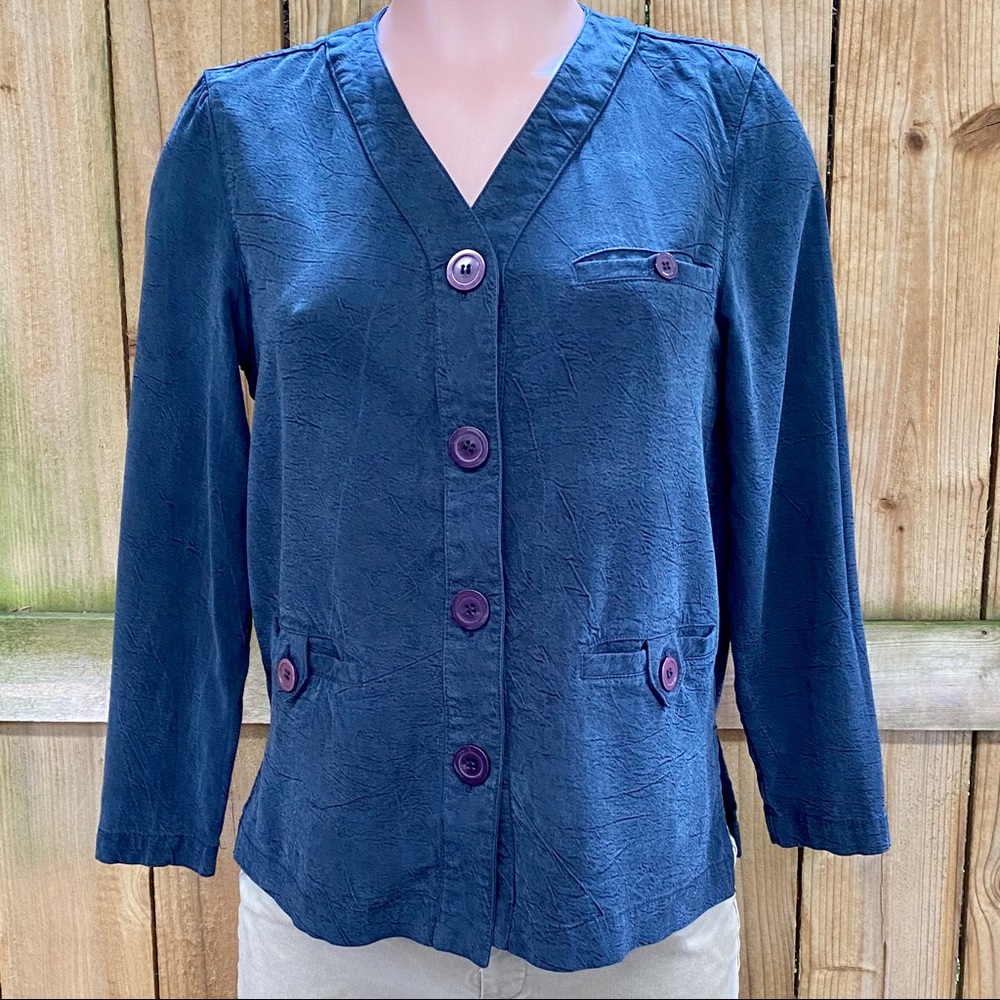 MZM Sport Petite Black Crinkle Button Down Top EUC